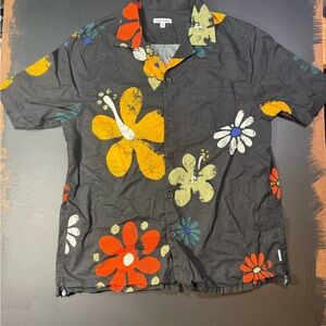 Floral Casual Button Down Shirt - Black, Orange, Red